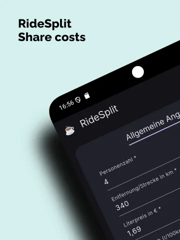 RideSplit store artwork showing trip inputs in German with the dark theme